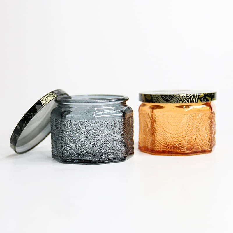 two colored embossed glass with decorative lids 01