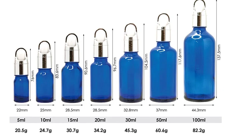 measurements of a blue glass bottle packaging with custom closure for cosmetics 01