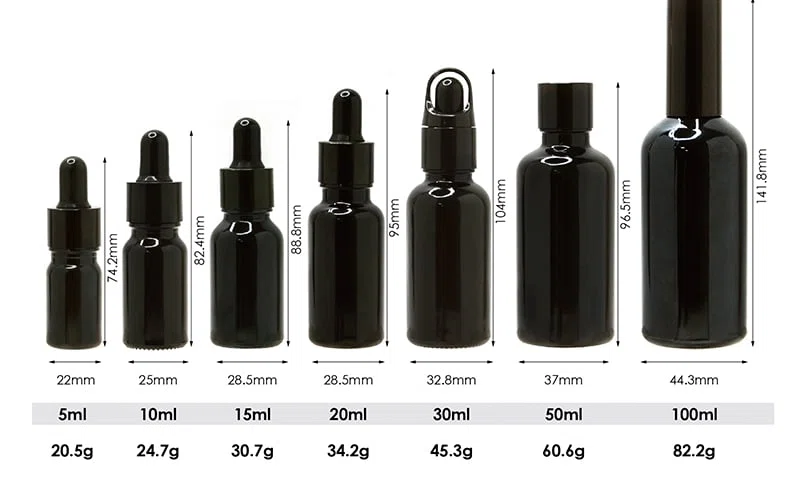 measurements of a black glass bottle packaging with custom closure for cosmetics 01