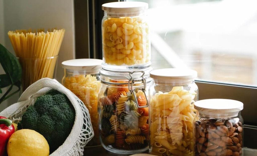 four filled glass jar for kitchen pantry 01