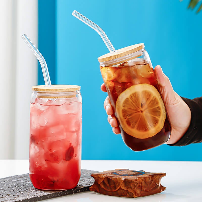 Handmade Custom High Borosilicate Glass Can Coffee Cup with Bamboo Lid and Straw