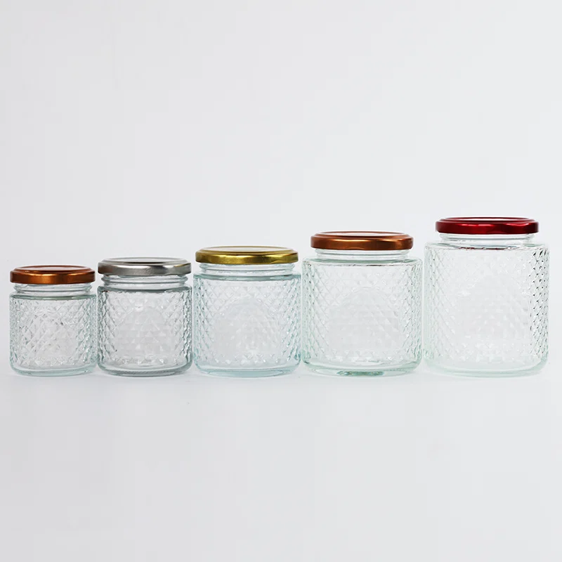five empty decorative glass jar for food products 01