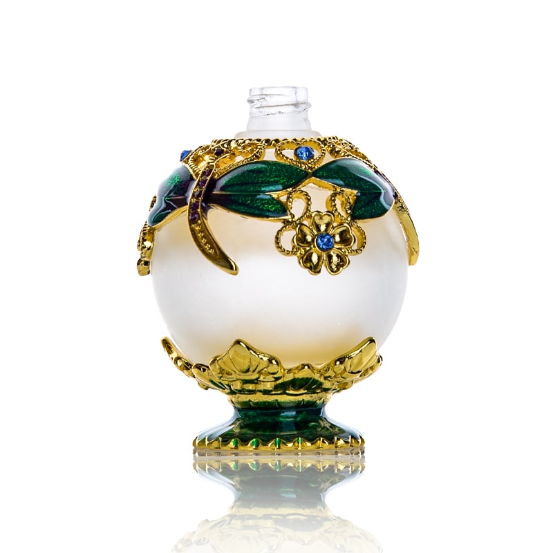 an open green decorative glass bottle packaging with stylish dropper 01
