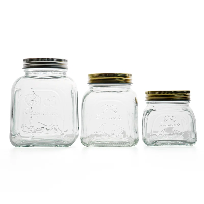 three clear decorative glass jar for food products 01